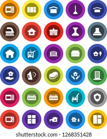 White Solid Icon Set- plunger vector, cleaner trolley, fetlock, sponge, car, steaming, shining window, house hold, microwave oven, university, dry cargo, home, cottage, chalet, sale signboard, rooms