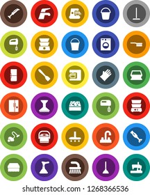 White Solid Icon Set- plunger vector, water tap, vacuum cleaner, fetlock, mop, bucket, sponge, car, rubber glove, spatula, double boiler, blender, fridge, washer, mixer, coffee maker, multi cooker