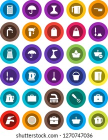 White Solid Icon Set- plunger vector, water tap, fetlock, bucket, car, toilet brush, kettle, measuring cup, whisk, grater, sieve, case, umbrella, supply, shopping bag, basket