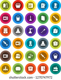 White Solid Icon Set- plunger vector, vacuum cleaner, bucket, sponge, car fetlock, washing powder, kettle, spatula, microwave oven, double boiler, blender, fridge, coffee maker, hood, multi cooker