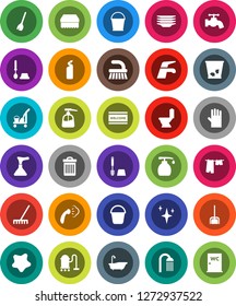 White Solid Icon Set- plunger vector, cleaner trolley, broom, water tap, vacuum, fetlock, scoop, rake, bucket, sponge, trash bin, shining, splotch, welcome mat, steaming, bath, toilet, brush, plates