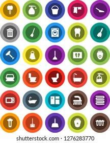 White Solid Icon Set- plunger vector, scraper, broom, fetlock, scoop, bucket, sponge, towel, trash bin, window cleaning, welcome mat, bath, toilet, drying clothes, washer, liquid soap, tooth
