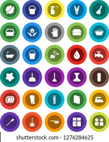 White Solid Icon Set- plunger vector, broom, vacuum cleaner, fetlock, scoop, bucket, clothespin, sponge, trash bin, water drop, tap, car, splotch, iron, bath, foam basin, washing powder, sprayer