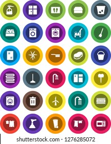 White Solid Icon Set- plunger vector, cleaner trolley, broom, fetlock, mop, bucket, sponge, trash bin, window cleaning, welcome mat, drying clothes, washer, liquid soap, shining, shower, towel, bath