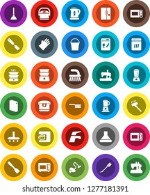 White Solid Icon Set- plunger vector, water tap, vacuum cleaner, fetlock, bucket, car, washing powder, rubber glove, kettle, spatula, microwave oven, double boiler, fridge, dishwasher, coffee maker