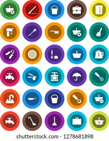 White Solid Icon Set- plunger vector, broom, fetlock, bucket, water tap, car, toilet brush, pan, kettle, measuring cup, cook press, whisk, ladle, sieve, case, hand trainer, umbrella, scalpel, supply