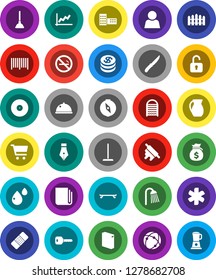White Solid Icon Set- plunger vector, mop, washing powder, washboard, shower, knife, rolling pin, jug, dish, pen, school building, compass, graph, cart, money bag, skateboard, no smoking, disk, user