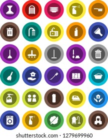 White Solid Icon Set- plunger vector, scraper, broom, vacuum cleaner, fetlock, mop, trash bin, car, splotch, iron, toilet brush, washer, foam basin, liquid soap, sprayer, cleaning agent, washboard