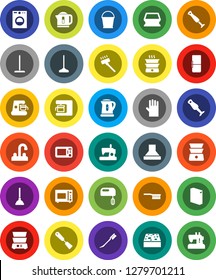 White Solid Icon Set- plunger vector, vacuum cleaner, fetlock, mop, bucket, sponge, car, washing powder, rubber glove, water tap, kettle, spatula, microwave oven, double boiler, blender, fridge