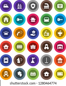 White Solid Icon Set- plunger vector, fetlock, mop, sponge, welcome mat, steaming, house hold, sink, cleaner woman, university, dry cargo, key, garage, sale signboard, office building, home protect