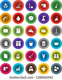 White Solid Icon Set- plunger vector, cleaner trolley, broom, mop, scoop, rake, bucket, clothespin, sponge, trash bin, water drop, tap, splotch, iron, steaming, drying clothes, toilet brush, closet