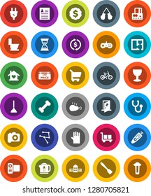 White Solid Icon Set- plunger vector, toilet, rubber glove, spatula, chicken leg, school building, personal information, exchange, credit card, sand clock, dollar medal, bike, boxing, bone, glass
