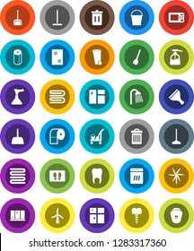 White Solid Icon Set- plunger vector, scraper, cleaner trolley, broom, mop, scoop, bucket, towel, trash bin, window cleaning, welcome mat, liquid soap, shining, toilet paper, shower, tooth, implant