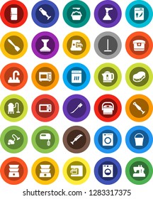 White Solid Icon Set- plunger vector, vacuum cleaner, mop, bucket, sponge, car fetlock, washing powder, water tap, spatula, microwave oven, double boiler, blender, fridge, washer, dishwasher, mixer