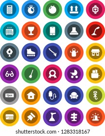 White Solid Icon Set- plunger vector, broom, apron, cook timer, grater, toaster, glasses, paper pin, medal, crisis, fitball, roller Skates, heart monitor, signpost, office, glass, top sign, no hook