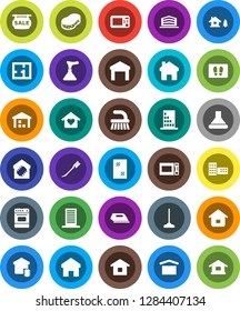 White Solid Icon Set- plunger vector, fetlock, mop, sponge, car, window cleaning, welcome mat, microwave oven, school building, dry cargo, warehouse, home, chalet, plan, sale signboard, office, love