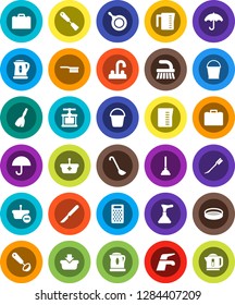 White Solid Icon Set- plunger vector, broom, water tap, fetlock, bucket, car, pan, kettle, measuring cup, cook press, spatula, ladle, grater, sieve, case, umbrella, scalpel, basket