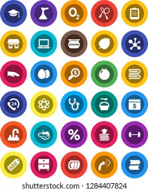 White Solid Icon Set- plunger vector, towel, steaming, washing powder, plates, water tap, cook glove, cookbook, egg, graduate hat, atom, notebook pc, clipboard, archive, molecule, leaf, money search