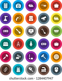 White Solid Icon Set- plunger vector, scraper, fetlock, sponge, iron, steaming, toilet brush, pan, colander, spatula, ladle, meat hammer, grater, double boiler, sieve, pen, drawing compass, crutches