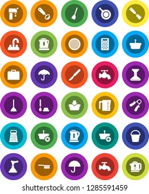 White Solid Icon Set- plunger vector, broom, fetlock, bucket, water tap, car, toilet brush, pan, kettle, measuring cup, spatula, ladle, grater, sieve, case, hand trainer, umbrella, scalpel, supply