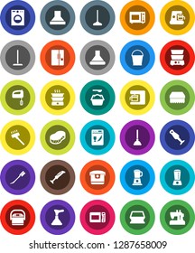 White Solid Icon Set- plunger vector, vacuum cleaner, mop, bucket, sponge, car fetlock, washing powder, microwave oven, double boiler, blender, fridge, washer, dishwasher, mixer, coffee maker, hood