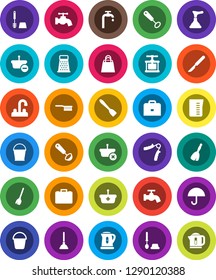 White Solid Icon Set- plunger vector, broom, fetlock, bucket, water tap, toilet brush, kettle, measuring cup, cook press, whisk, spatula, ladle, grater, case, hand trainer, umbrella, scalpel, supply