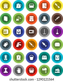 White Solid Icon Set- plunger vector, water tap, vacuum cleaner, mop, bucket, sponge, car fetlock, washing powder, rubber glove, kettle, spatula, microwave oven, double boiler, blender, fridge, hood