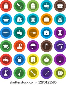 White Solid Icon Set- plunger vector, broom, fetlock, bucket, water tap, car, pan, kettle, measuring cup, cook press, whisk, spatula, grater, case, hand trainer, umbrella, supply, shopping bag
