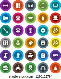White Solid Icon Set- plunger vector, cleaning agent, colander, whisk, oven, double boiler, notebook pc, paper pin, flask, barbell, hoop, gymnast rings, headphones, classic phone, speaker, vial, fan