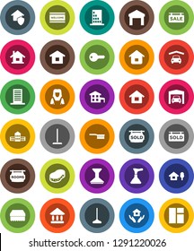 White Solid Icon Set- plunger vector, fetlock, mop, sponge, car, welcome mat, house hold, cleaner woman, school building, university, warehouse, cottage, chalet, garage, sale signboard, rooms, sold