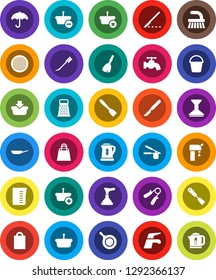 White Solid Icon Set- plunger vector, broom, water tap, fetlock, bucket, car, pan, kettle, measuring cup, cook press, spatula, grater, sieve, hand trainer, umbrella, scalpel, supply, shopping bag