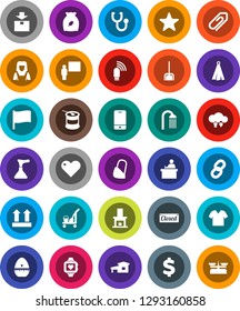 White Solid Icon Set- plunger vector, cleaner trolley, scoop, shower, woman, towel, cook timer, cereal, blackboard, student, flag, dollar sign, sports nutrition, heart monitor, top, package, bandage