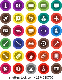 White Solid Icon Set- plunger vector, scoop, cook glove, spatula, meat hammer, hand mill, spices, pen, crisis, safe, any currency, barbell, route, plane, client, truck trailer, wood box, barcode, tv