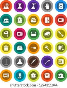 White Solid Icon Set- plunger vector, vacuum cleaner, fetlock, mop, sponge, car, rubber glove, water tap, spatula, microwave oven, fridge, washer, mixer, coffee maker, hood, multi cooker, blender
