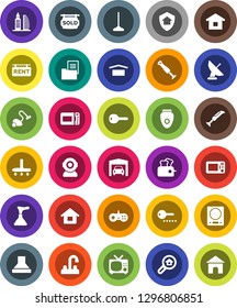 White Solid Icon Set- plunger vector, vacuum cleaner, mop, water tap, dry cargo, house, garage, estate document, rent signboard, sold, office building, search, key, home protect, password, hood, tv