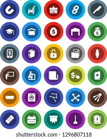 White Solid Icon Set- plunger vector, cleaner trolley, knife, graduate hat, university, blackboard, student, backpack, magnet, money bag, man, binder, presentation board, dollar shield, cursor, hdmi
