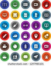 White Solid Icon Set- plunger vector, scoop, sponge, washer, kettle, cook press, microwave oven, ruler, telescope, monitor dollar, barbell, measuring, horizontal bar, fitball, microphone, radio, tv