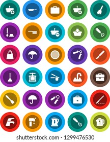 White Solid Icon Set- plunger vector, broom, water tap, fetlock, toilet brush, pan, kettle, cook press, whisk, spatula, sieve, case, hand trainer, umbrella, scalpel, supply, shopping bag, basket