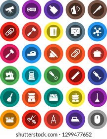 White Solid Icon Set- plunger vector, broom, sponge, steaming, pan, measuring cup, whisk, rolling pin, meat hammer, cutting board, grater, double boiler, blender, ruler, drawing compass, pen, coupon