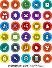 White Solid Icon Set- plunger vector, vacuum cleaner, water drop, shining window, rolling pin, hand mill, blender, student, award cup, music, graph, personal information, diet, jump rope, phone