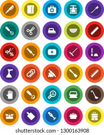 White Solid Icon Set- plunger vector, rake, sponge, car fetlock, toilet brush, rubber glove, pan, colander, measuring cup, cook press, whisk, spatula, ladle, rolling pin, cutting board, blender, pen