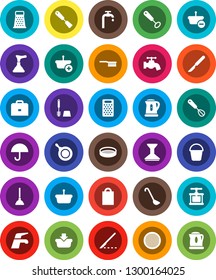 White Solid Icon Set- plunger vector, water tap, fetlock, bucket, car, toilet brush, pan, kettle, cook press, whisk, spatula, ladle, grater, sieve, case, umbrella, scalpel, supply, shopping bag
