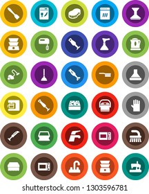 White Solid Icon Set- plunger vector, water tap, vacuum cleaner, fetlock, sponge, car, rubber glove, spatula, microwave oven, double boiler, blender, dishwasher, mixer, coffee maker, hood, kettle