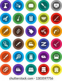 White Solid Icon Set- plunger vector, broom, rake, sponge, iron, steaming, colander, cook press, whisk, cutting board, grater, double boiler, pen, scissors, measuring, crutches, scalpel, stethoscope