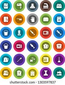 White Solid Icon Set- plunger vector, vacuum cleaner, fetlock, bucket, sponge, car, rubber glove, kettle, blender, fridge, dishwasher, mixer, coffee maker, hood, multi cooker, microwave oven