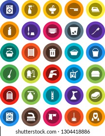 White Solid Icon Set- plunger vector, cleaner trolley, broom, water tap, vacuum, fetlock, scoop, bucket, clothespin, sponge, trash bin, car, iron, drying clothes, toilet brush, washer, foam basin