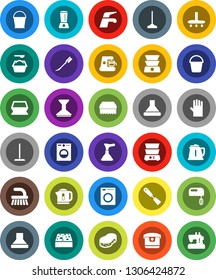White Solid Icon Set- plunger vector, water tap, vacuum cleaner, fetlock, mop, bucket, sponge, car, washing powder, rubber glove, kettle, spatula, double boiler, washer, mixer, coffee maker, hood