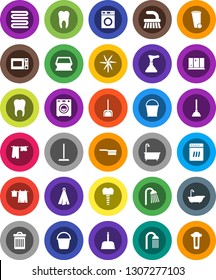 White Solid Icon Set- plunger vector, fetlock, mop, scoop, bucket, sponge, trash bin, bath, drying clothes, washer, shining window, shower, towel, microwave oven, tooth, implant, windmill
