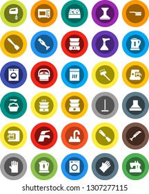 White Solid Icon Set- plunger vector, water tap, vacuum cleaner, fetlock, mop, sponge, car, washing powder, rubber glove, kettle, spatula, microwave oven, double boiler, blender, washer, dishwasher
