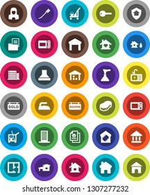White Solid Icon Set- plunger vector, cleaner trolley, sponge, car fetlock, iron, sink, woman, university, warehouse, home, house, cottage, chalet, plan, estate document, rooms signboard, sold, key